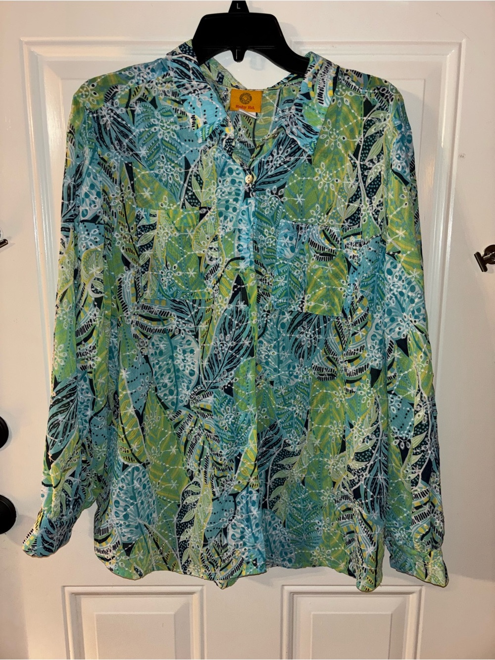 Ruby Rd. Teal Green Blue Printed Long-Sleeve Blouse